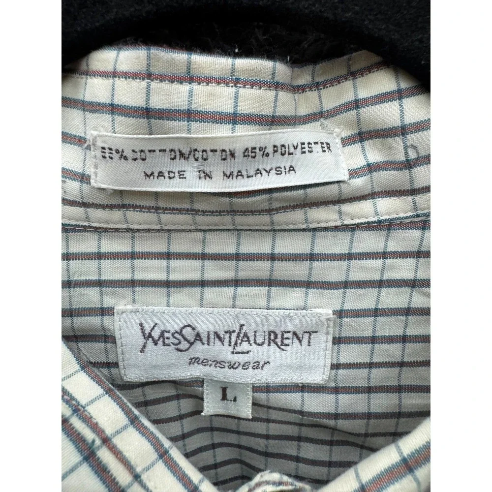 Yves Saint Laurent YSL Check Long-Sleeve Button-Up Shirt Off-White Mens Size L